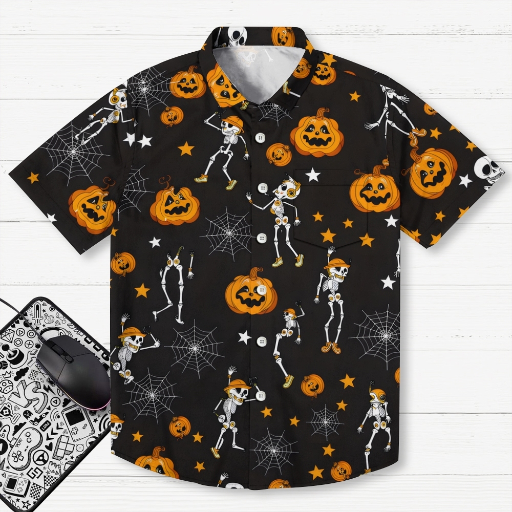 TheRetroTee Vintage Halloween Skeleton Party Geek Hawaiian Shirt