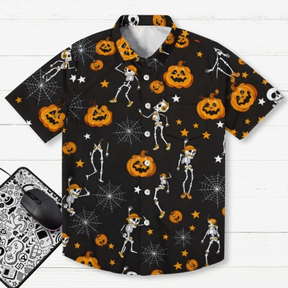TheRetroTee Vintage Halloween Skeleton Party Geek Hawaiian Shirt