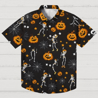 TheRetroTee Vintage Halloween Skeleton Party Geek Hawaiian Shirt