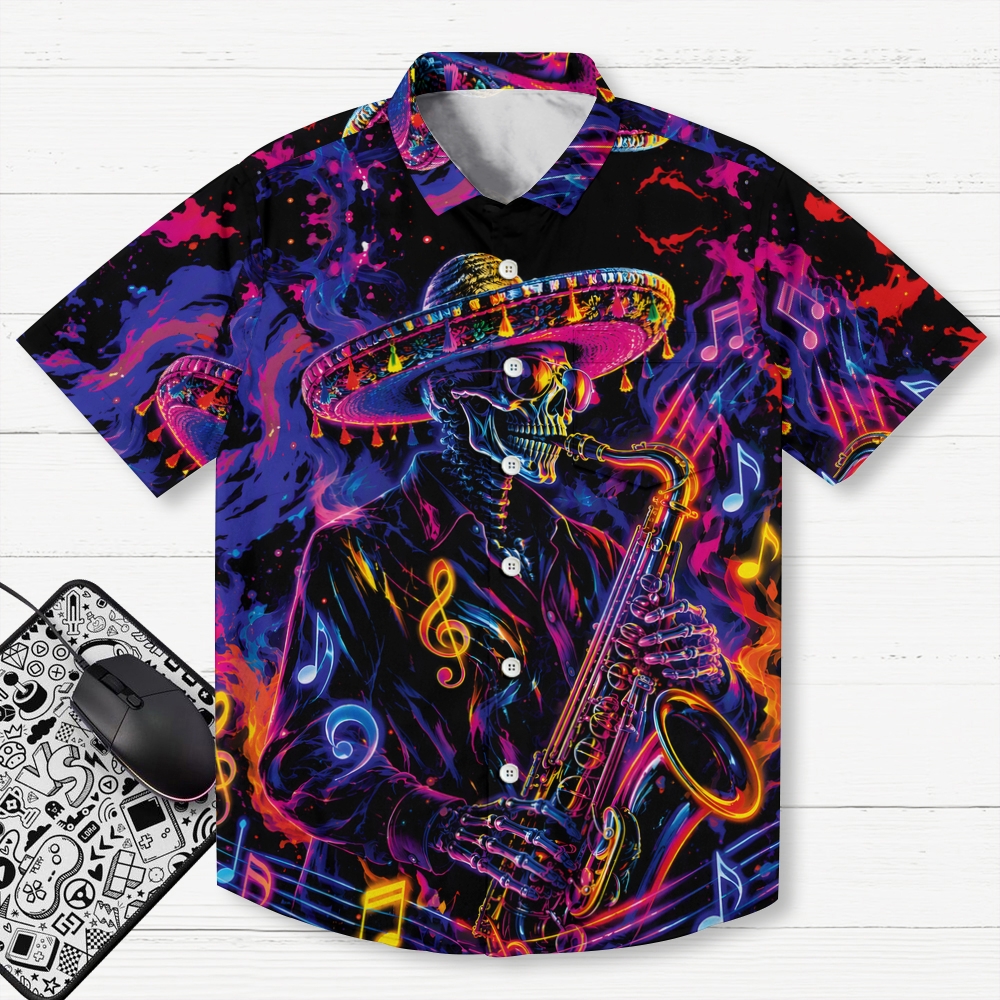 Skeleton playing the saxophone – Cyberpunk style Geek Hawaiian Shirt