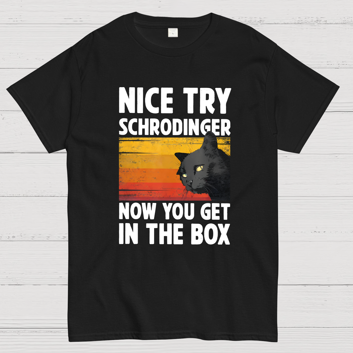 Nice Try Schrodinger Now You Get In The Box Black Cat Funny Nerdy T-Shirt