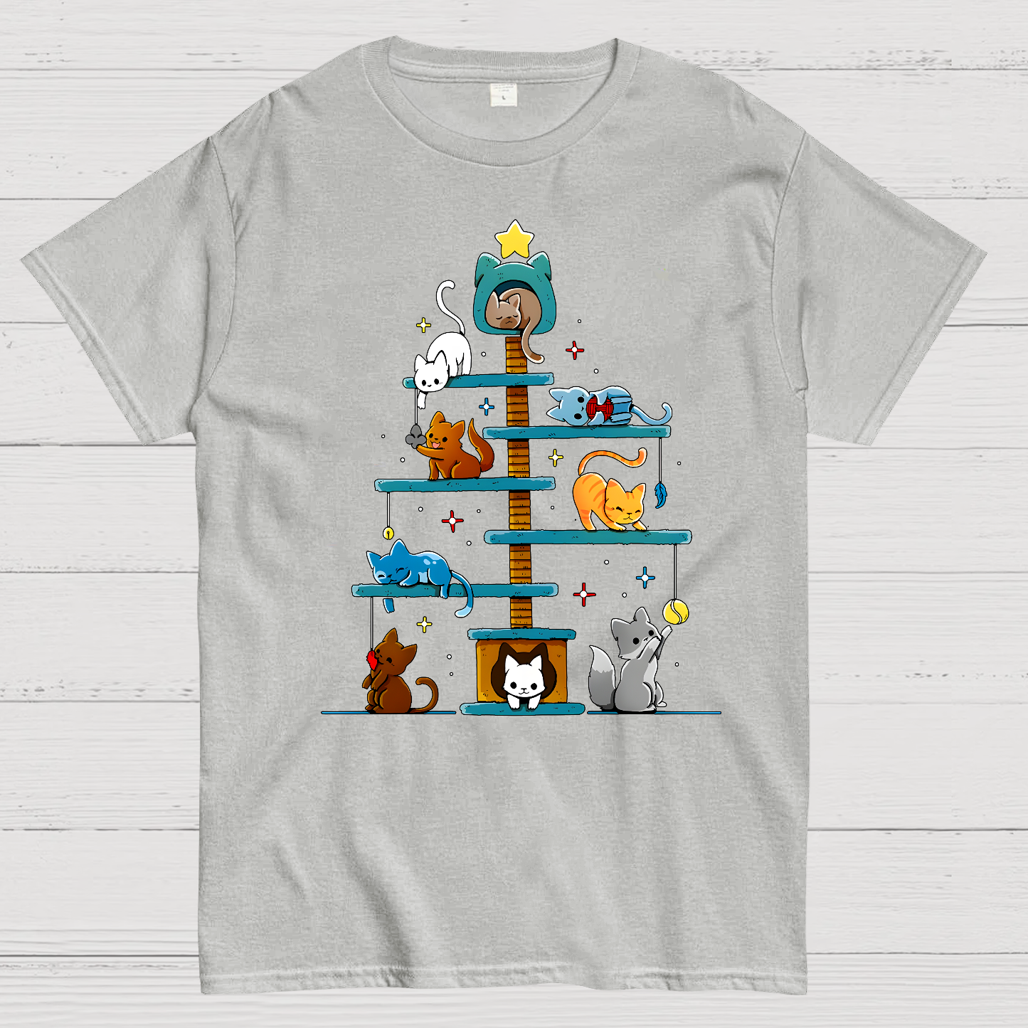 Christmas House Tree Cats Geek T-Shirt