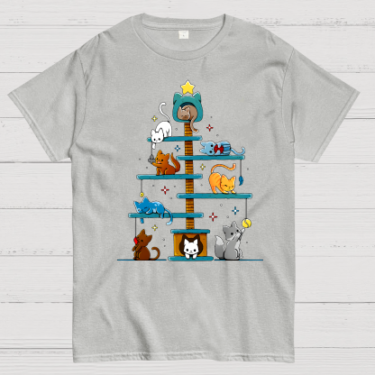 Christmas House Tree Cats Geek T-Shirt