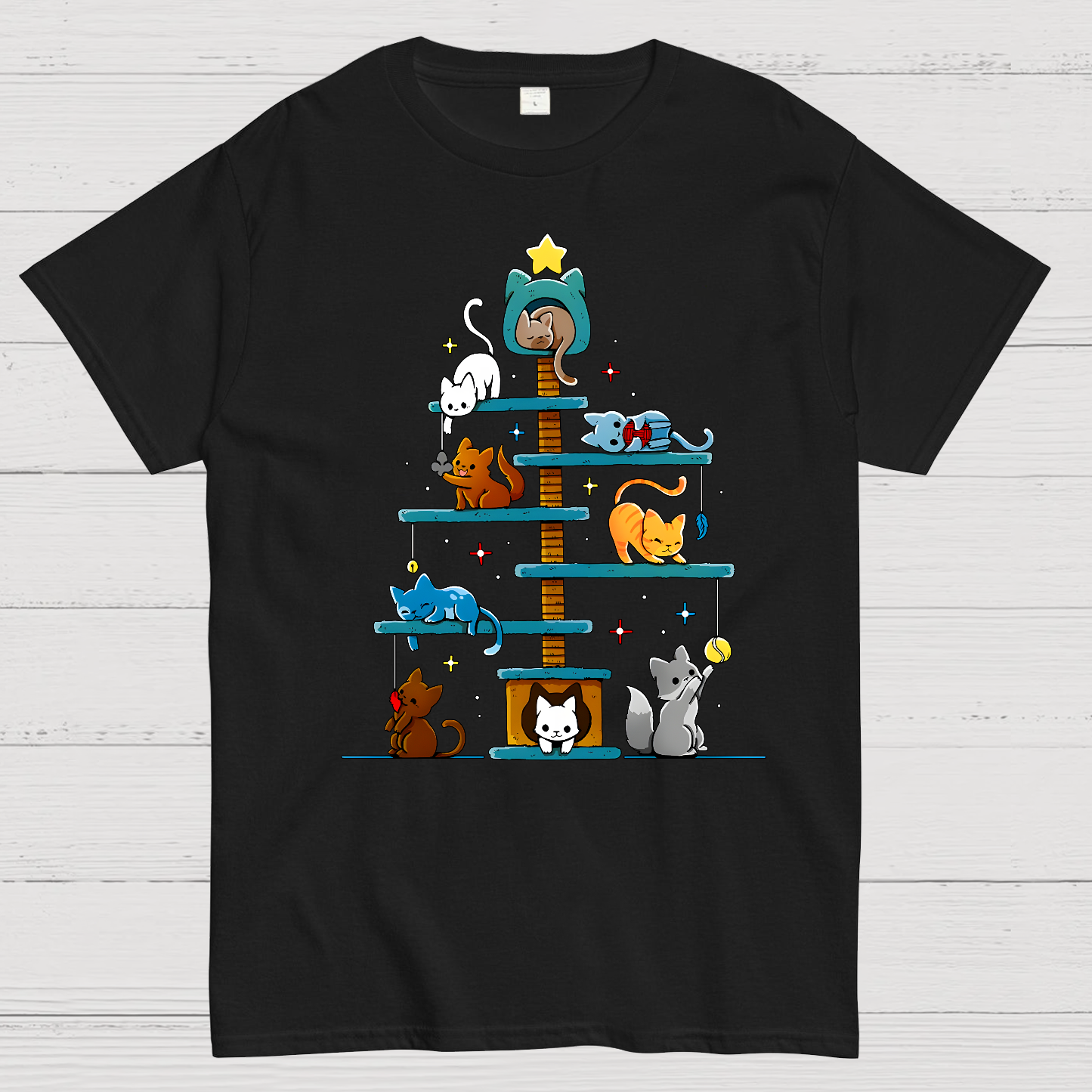 Christmas House Tree Cats Geek T-Shirt
