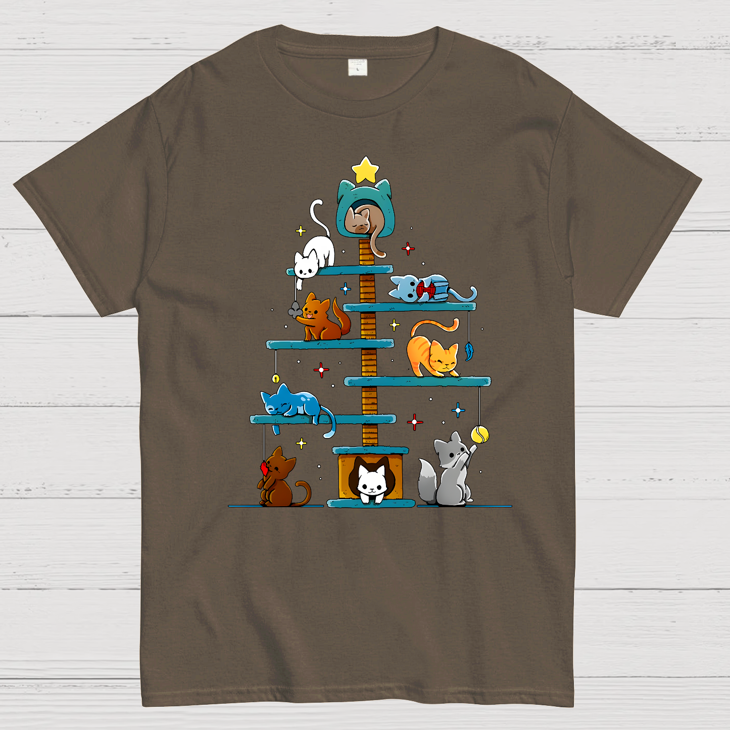 Christmas House Tree Cats Geek T-Shirt