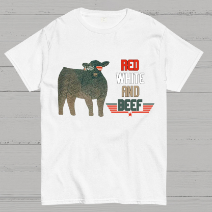 Red White And Beef Cattle Independence Day Geeky T-Shirt