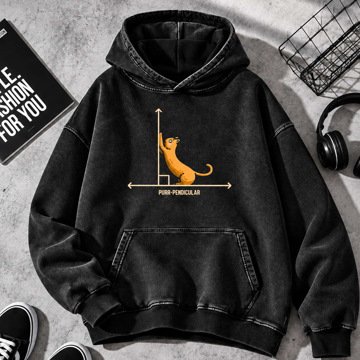 Purr-Pendicular Cute Maths Cat Premium Vintage Distressed Hoodie