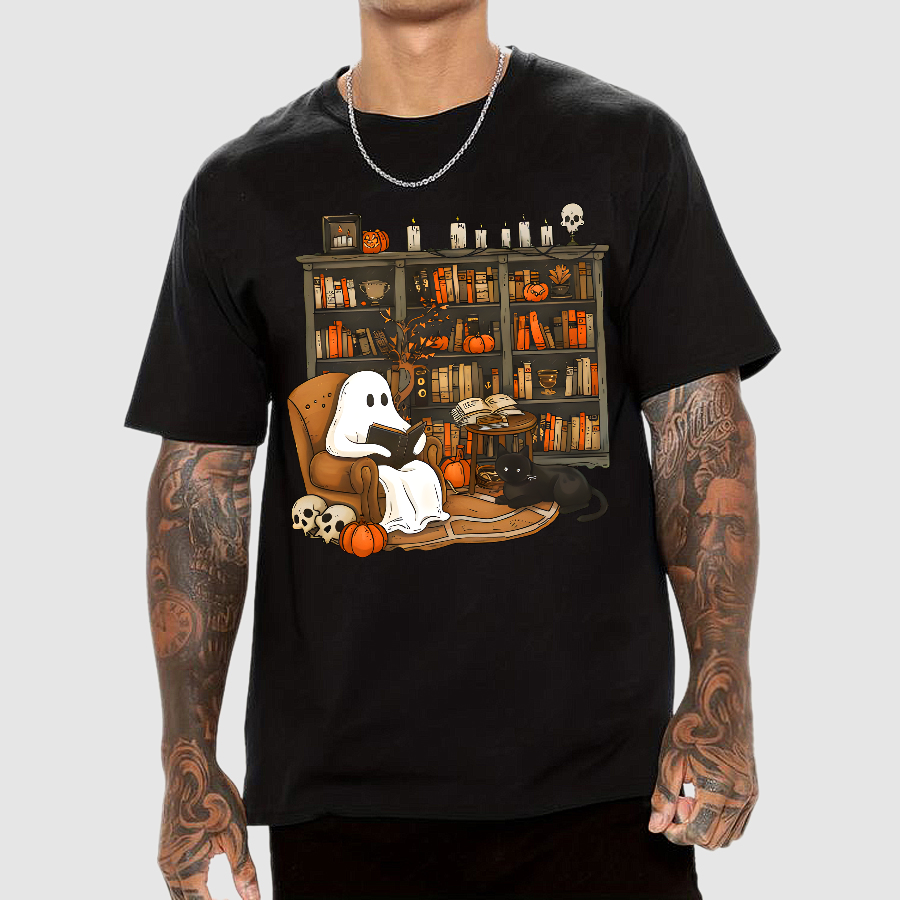 Retro Ghost Reading Books Geek T-Shirt