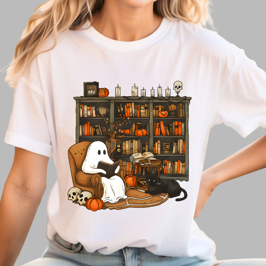 Retro Ghost Reading Books Geek T-Shirt