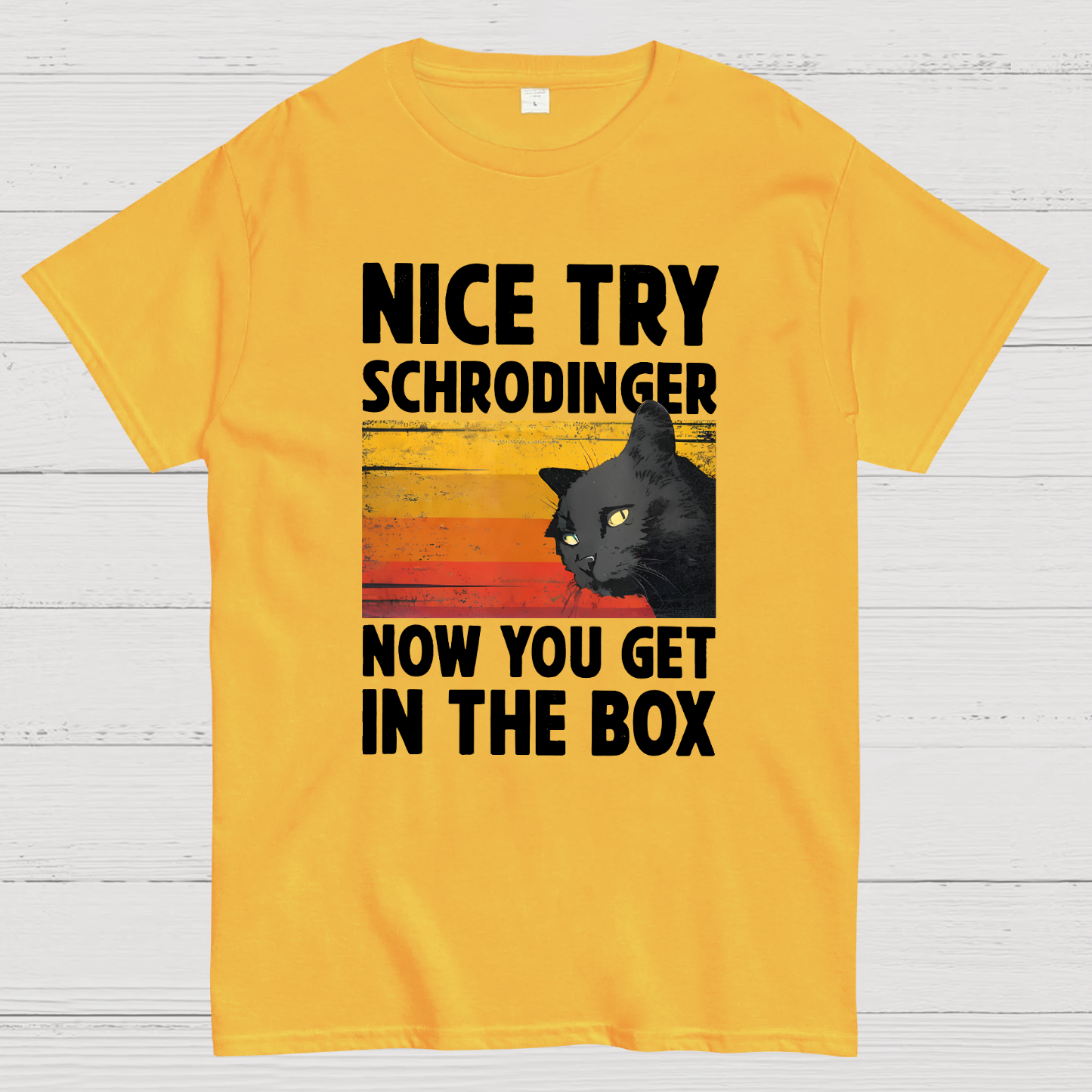 Nice Try Schrodinger Now You Get In The Box Black Cat Funny Nerdy T-Shirt