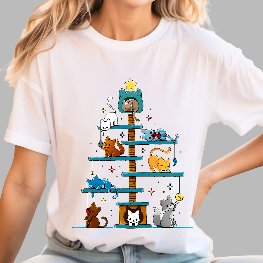 Christmas House Tree Cats Geek T-Shirt