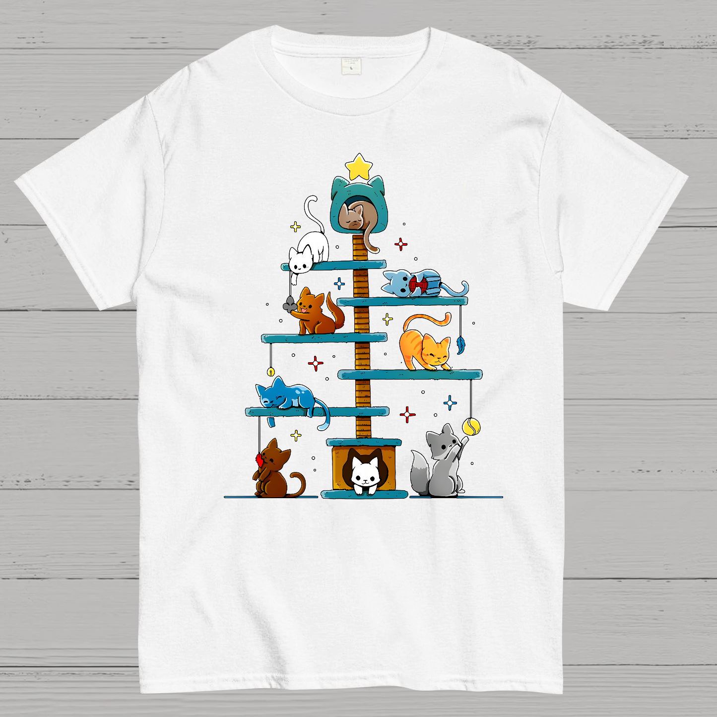 Christmas House Tree Cats Geek T-Shirt