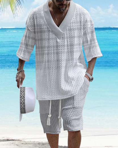 Men's V Neck Luxury Gradient Textured Print Shorts Set 188