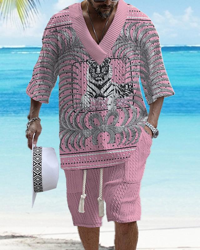 Men's V Neck Luxury Tiger Print Textured Print Shorts Set 161