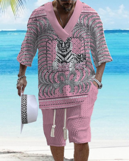Men's V Neck Luxury Tiger Print Textured Print Shorts Set 161