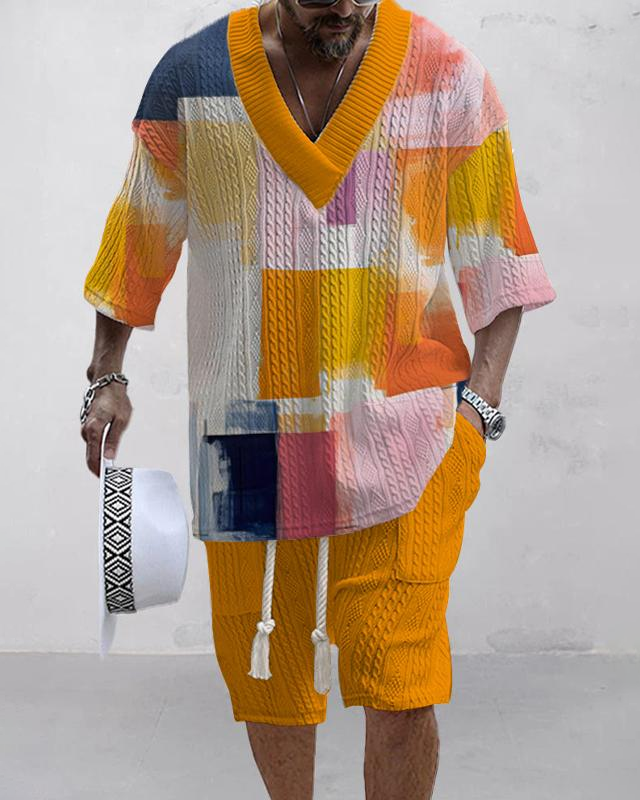 Men's V-Neck Luxury Colorblock Textured Print Shorts Set 98
