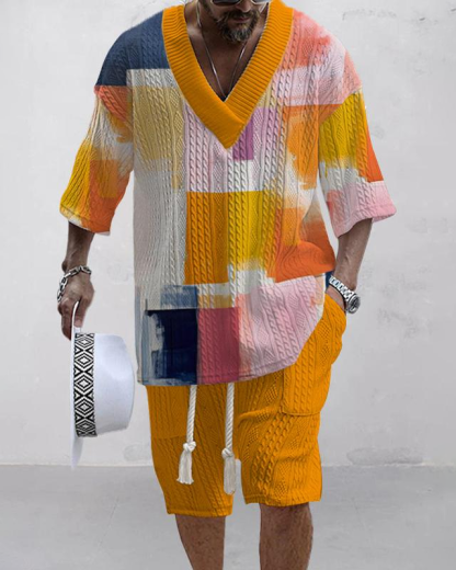Men's V-Neck Luxury Colorblock Textured Print Shorts Set 98