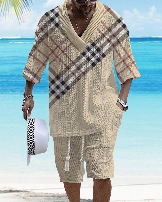 Men's V-Neck Luxury Color Block Check Textured Print Shorts Set