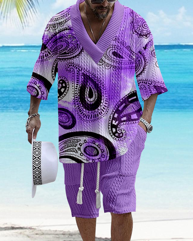 Men's V-Neck Luxury Paisley Print Textured Shorts Set 192