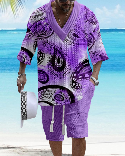 Men's V-Neck Luxury Paisley Print Textured Shorts Set 192