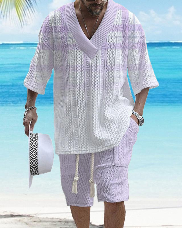 Men's V-neck luxury textured print shorts Set 009