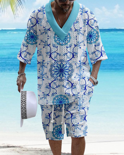 Men's V Neck Luxurious Textured Print Shorts Set 249