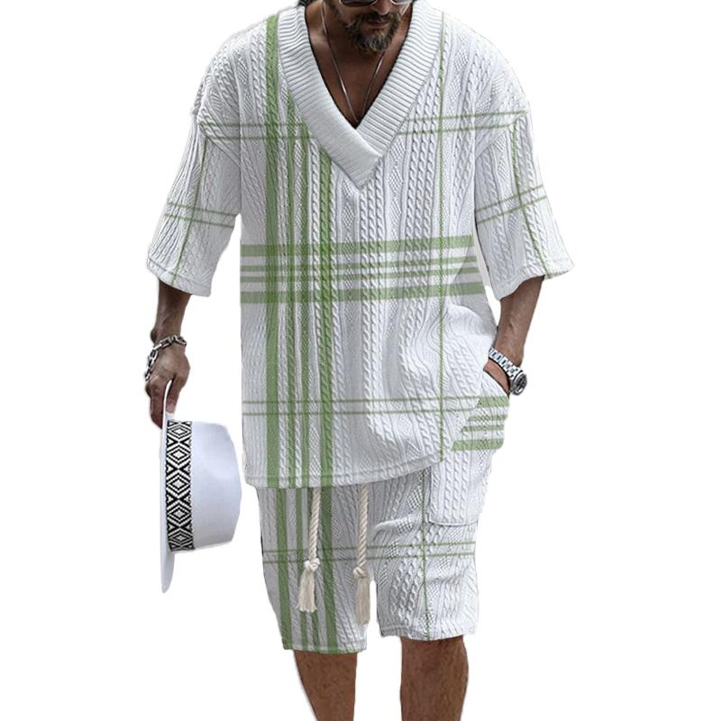 Men's V-neck luxury textured print shorts Set 026