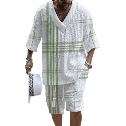 Men's V-neck luxury textured print shorts Set 026