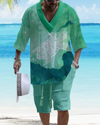 Men's V-Neck Luxury Colorblock Textured Resort Ocean Print Shorts Set