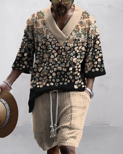Men's V Neck Luxurious Textured Print Shorts Set 213