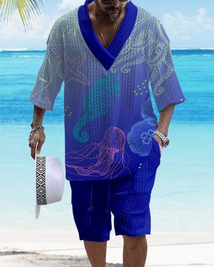 Men's V-Neck Luxury Colorblock Textured Resort Ocean Print Shorts Set