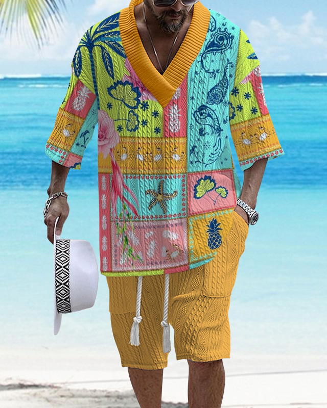 Men's V Neck Luxurious Textured Print Shorts Set 251