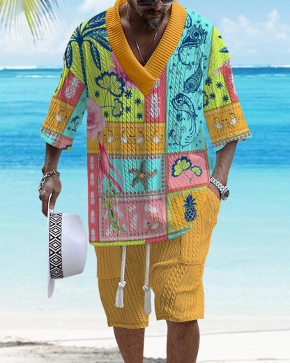 Men's V Neck Luxurious Textured Print Shorts Set 251