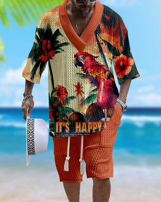 Suitmens Men's V-Neck Casual Resort Textured Print Shorts Set  0203