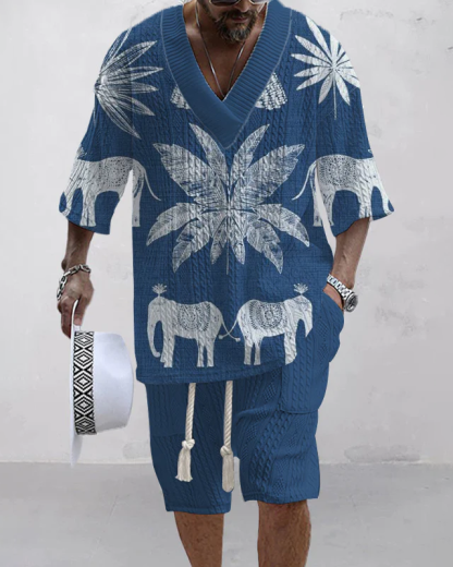 Men's V-neck luxury textured print shorts Set 83