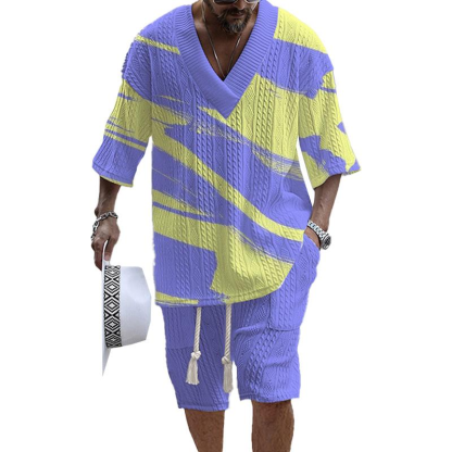 Men's V-neck luxury textured print shorts Set 003