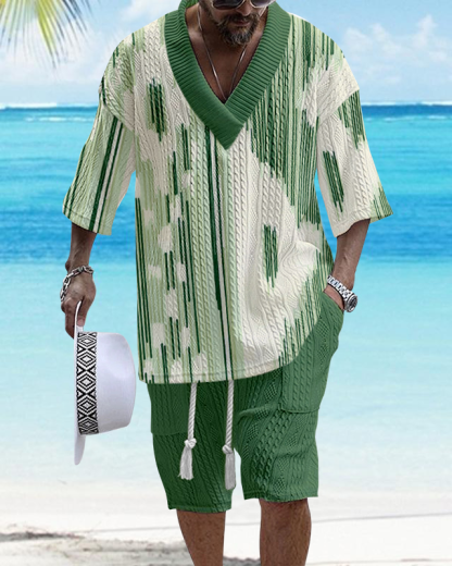 Men's V Neck Luxurious Textured Print Shorts Set 326
