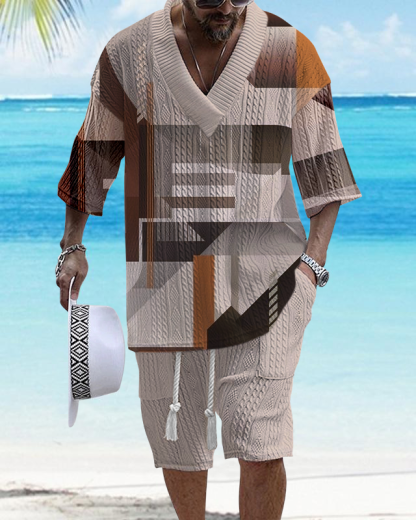 Men's V Neck Luxurious Textured Print Shorts Set 293