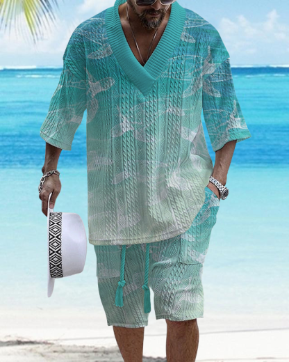 Men's V-Neck Luxury Marine Print Textured Resort Shorts Set 029