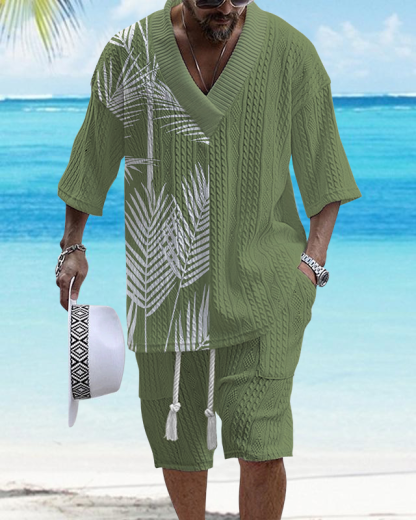 Men's V Neck Luxurious Textured Print Shorts Set 229