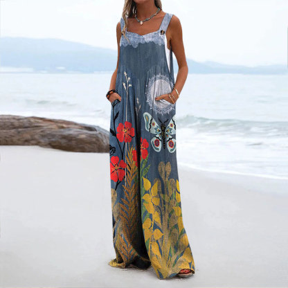 Women's Vintage Butterfly Flower Print Casual Wide Leg Jumpsuit