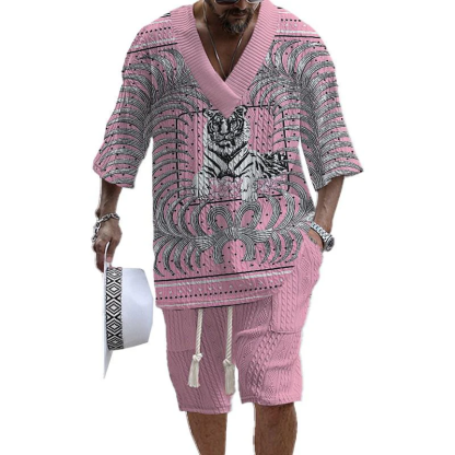 Men's V Neck Luxury Tiger Print Textured Print Shorts Set 161