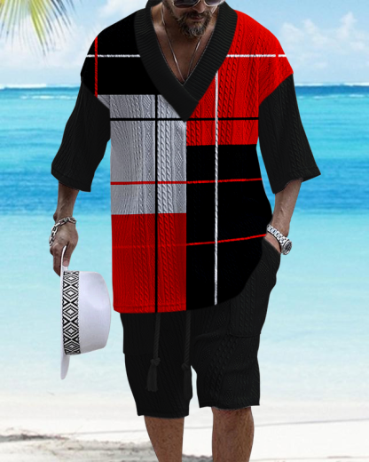 Men's V-Neck Luxury Check Print Textured Shorts Set 204