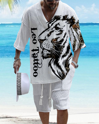 Men's V Neck Luxury Lion Print Textured Shorts Set 181