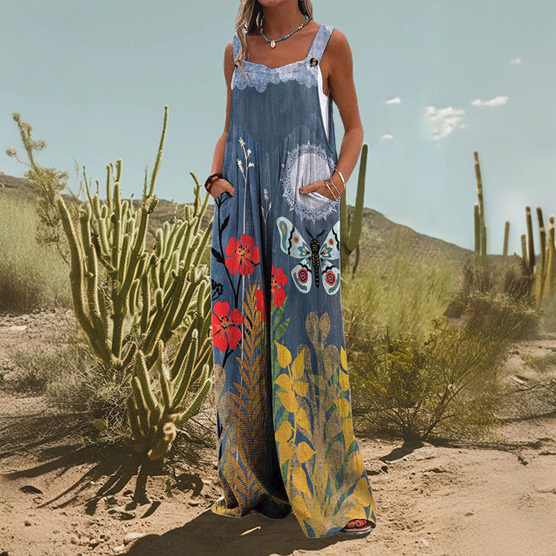 Women's Vintage Butterfly Flower Print Casual Wide Leg Jumpsuit