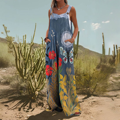 Women's Vintage Butterfly Flower Print Casual Wide Leg Jumpsuit
