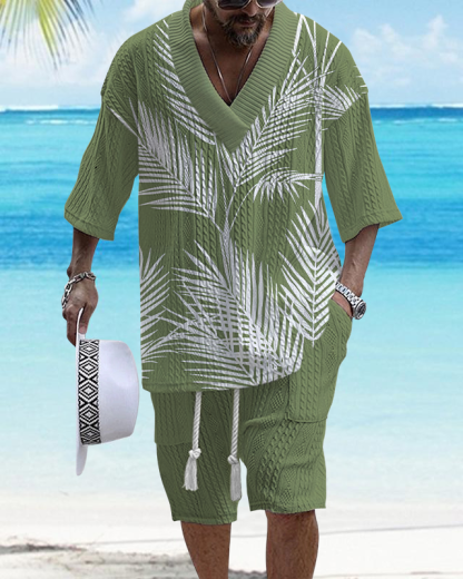 Men's V Neck Luxurious Textured Print Shorts Set 208