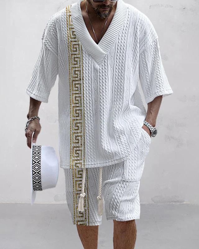 Suitmens Men's V-Neck Luxury Colorblock Textured Print Shorts Set 155
