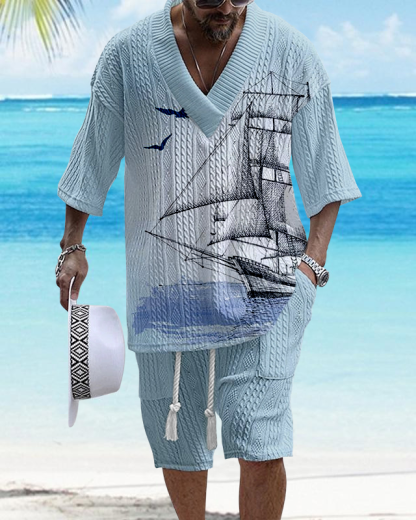 Men's V Neck Luxurious Textured Print Shorts Set 260