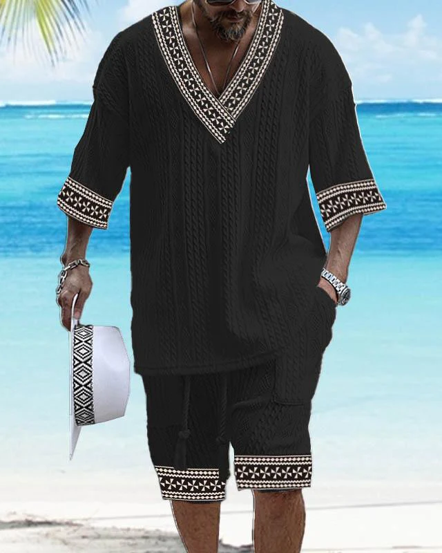 Men's V-neck luxury textured print shorts Set 002